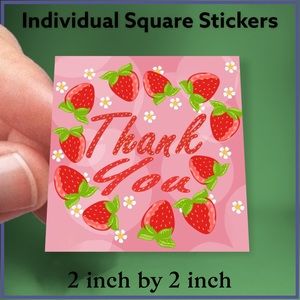 100 (2x2 Inch) Square Stickers, Strawberry Strawberries High Gloss, Thank You